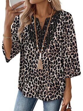 Women's Tops Leopard 3/4 Length Sleeve Boho V Neck Lace Casual Vacation Clothes